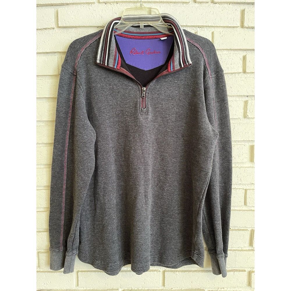 Robert Graham Men's 1/4 Zip Sweater Gray Size Lg Classic Fit Colorful Collar